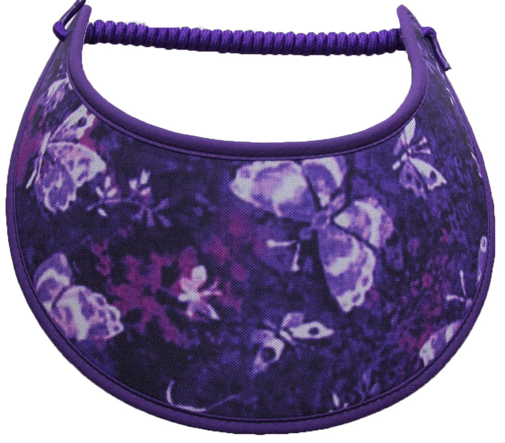 Foam sun visor with assorted colors of butterflies. Purple trim