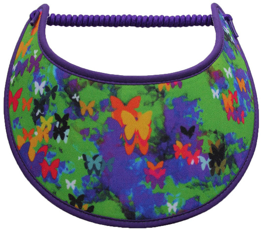 Foam sun visor with assorted colors of butterflies. Purple trim