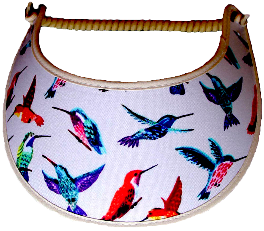Foam sun visor with colorful hummingbirds on tan