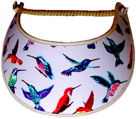 Foam sun visor with colorful hummingbirds on tan