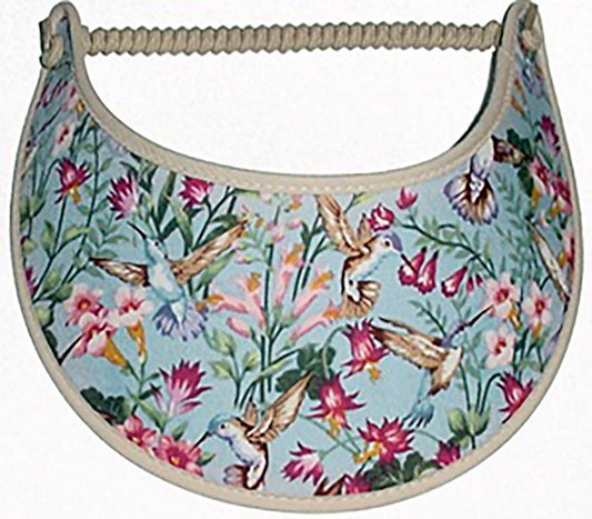 Foam sun visor with hummingbirds on blue trimmed with khaki fabric