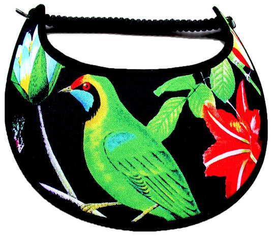 A Beautiful large green bird among tropical flowers