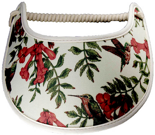 Foam sun visor with hummingbirds and flowers trimmed with cream fabric
