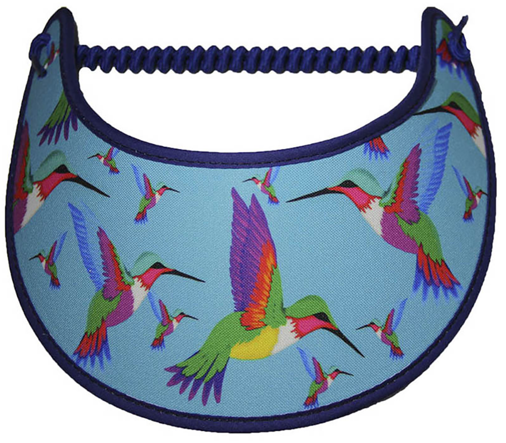 Foam sun visor with colorful hummingbirds on blue