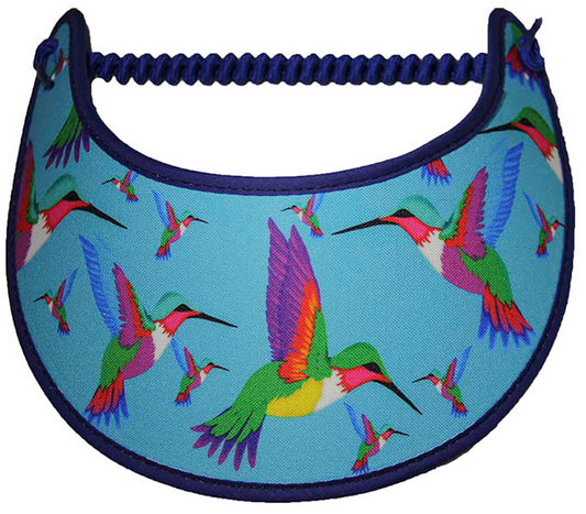 Foam sun visor with  colorful hummingbirds on blue