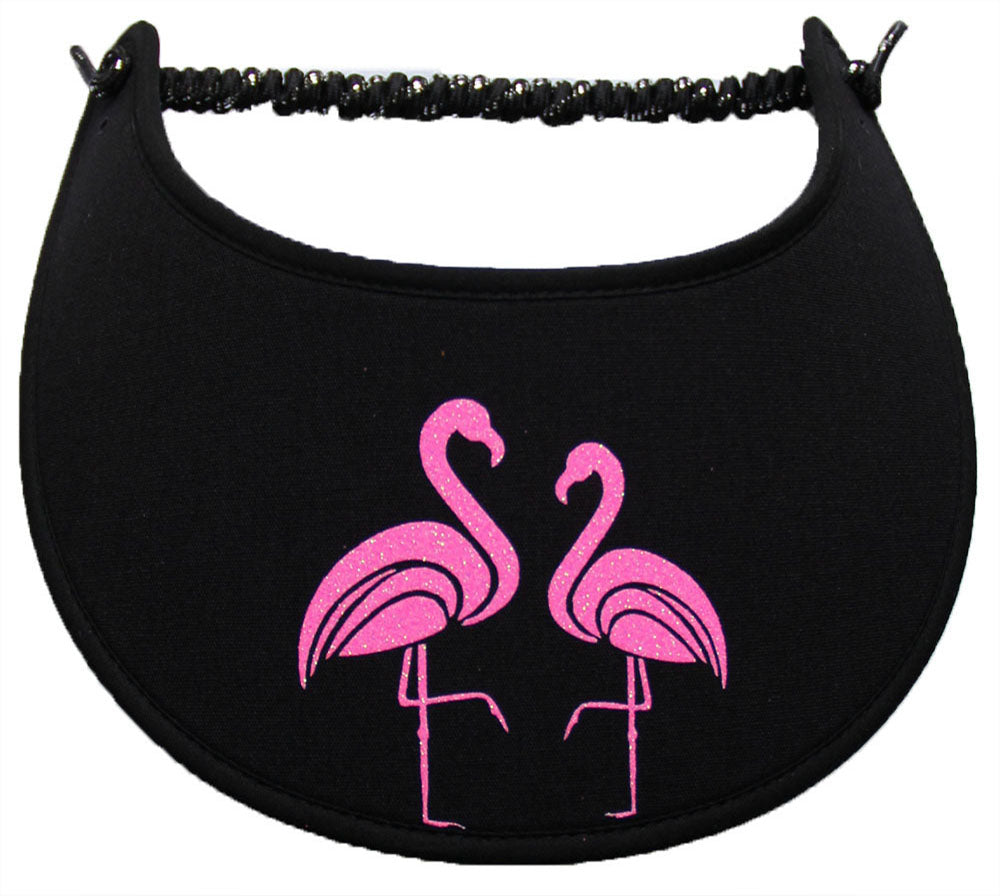 SUN VISOR WITH TWO PINK GLITZ FLAMINGOS ON BLACK