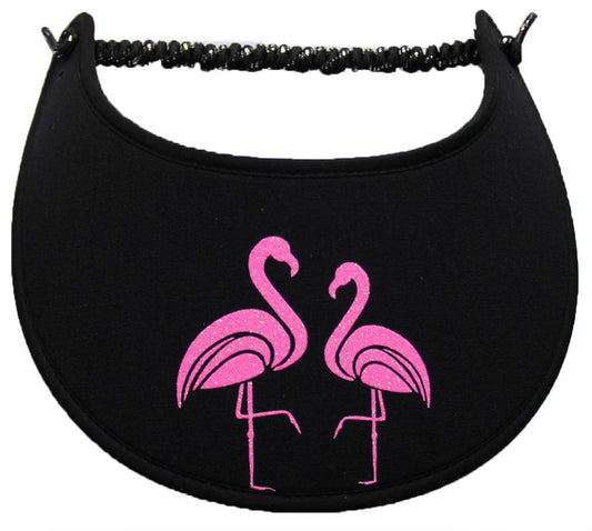 SUN VISOR WITH TWO PINK GLITZ FLAMINGOS ON BLACK