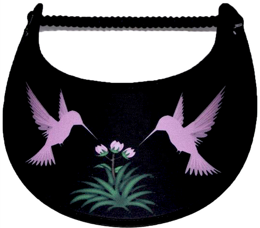 Foam sun visor with pink hummingbird on black trimmed with black