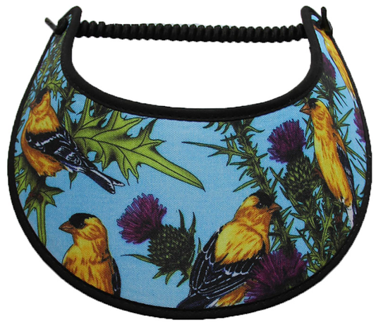 Foam sun visor with yellow and black birds on blue with black trimed edges