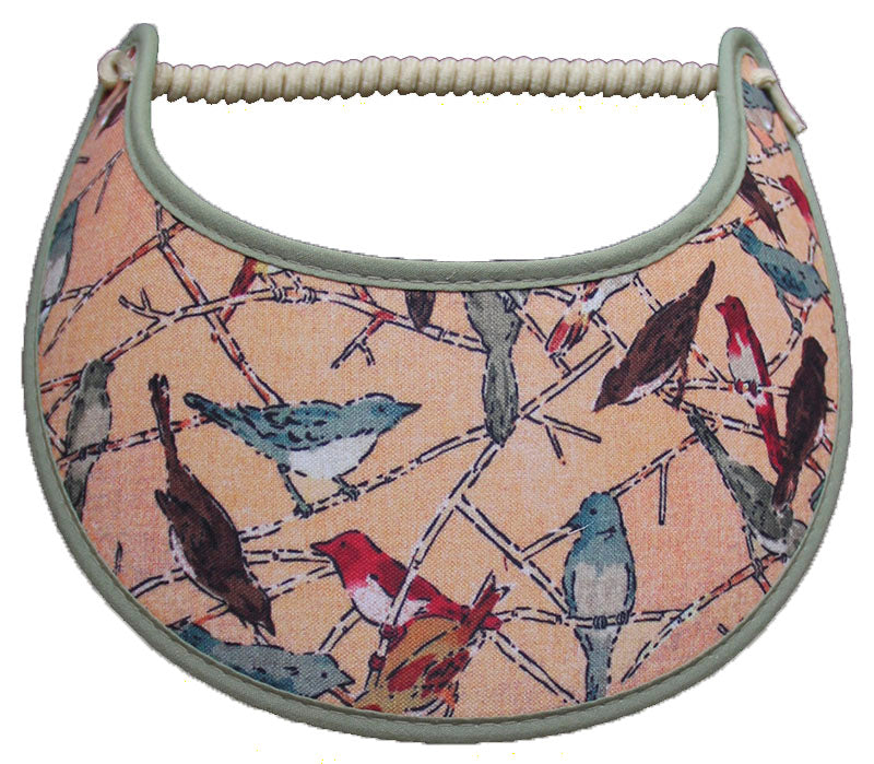 Foam sun visor with assorted birds on tan with light green trim