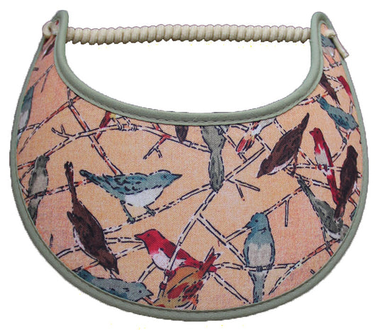 Foam sun visor with assorted birds on tan with light green trim