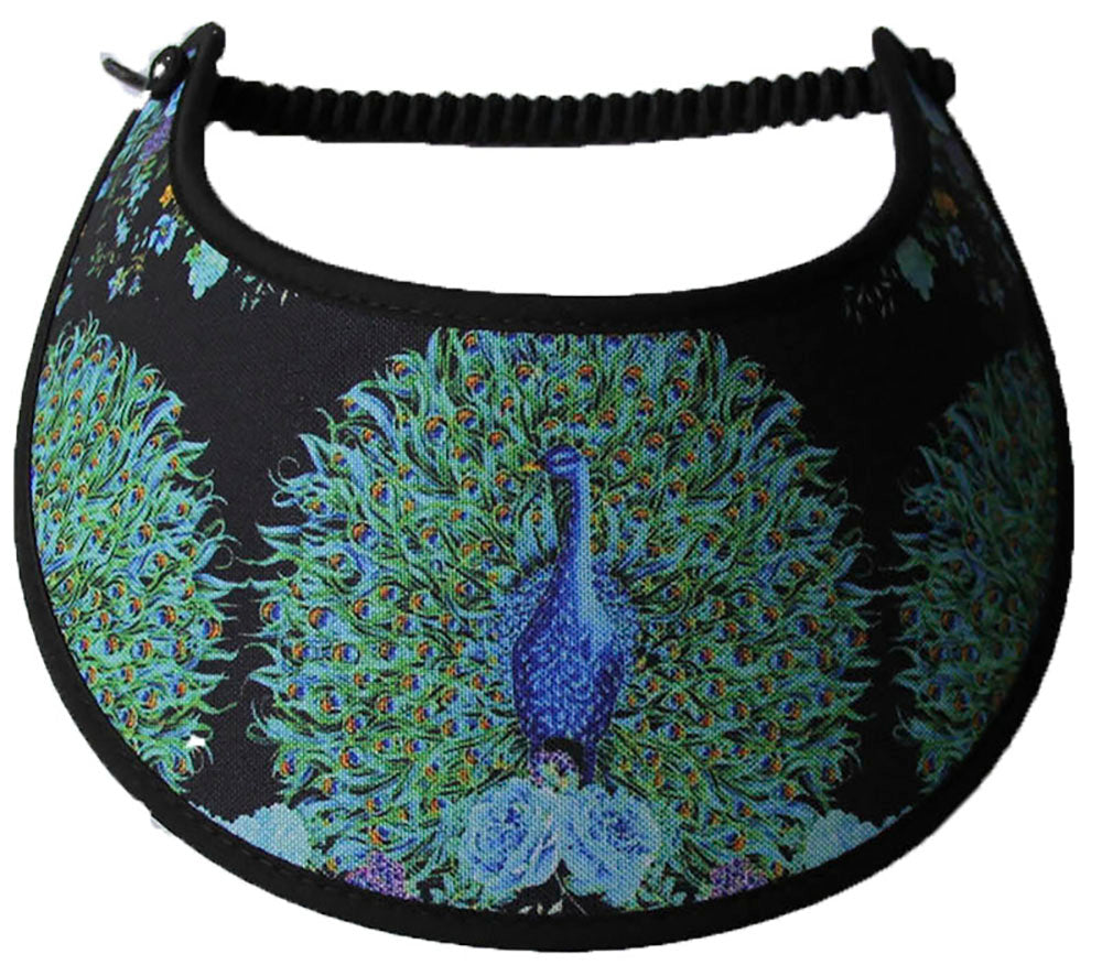 Foam sun visor with colorful peacocks on black with edges trimmed in black