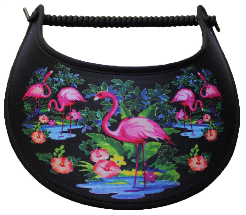 Solid black foam sun visor with a flamingo scene