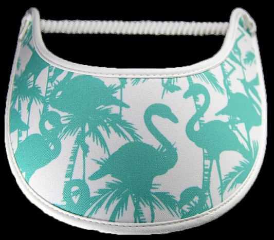 Foam sun visor with aqua silhouettes of flamingoes on white