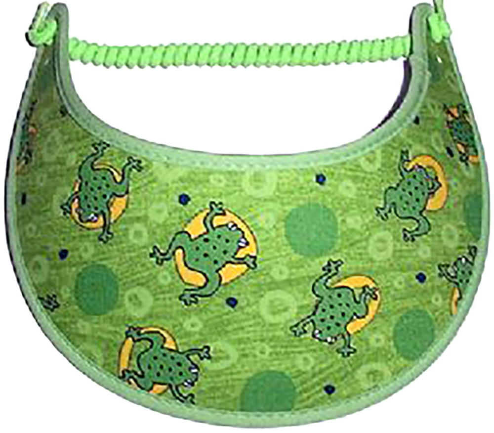 Foam sun visor with frogs relaxing in the sun on green background