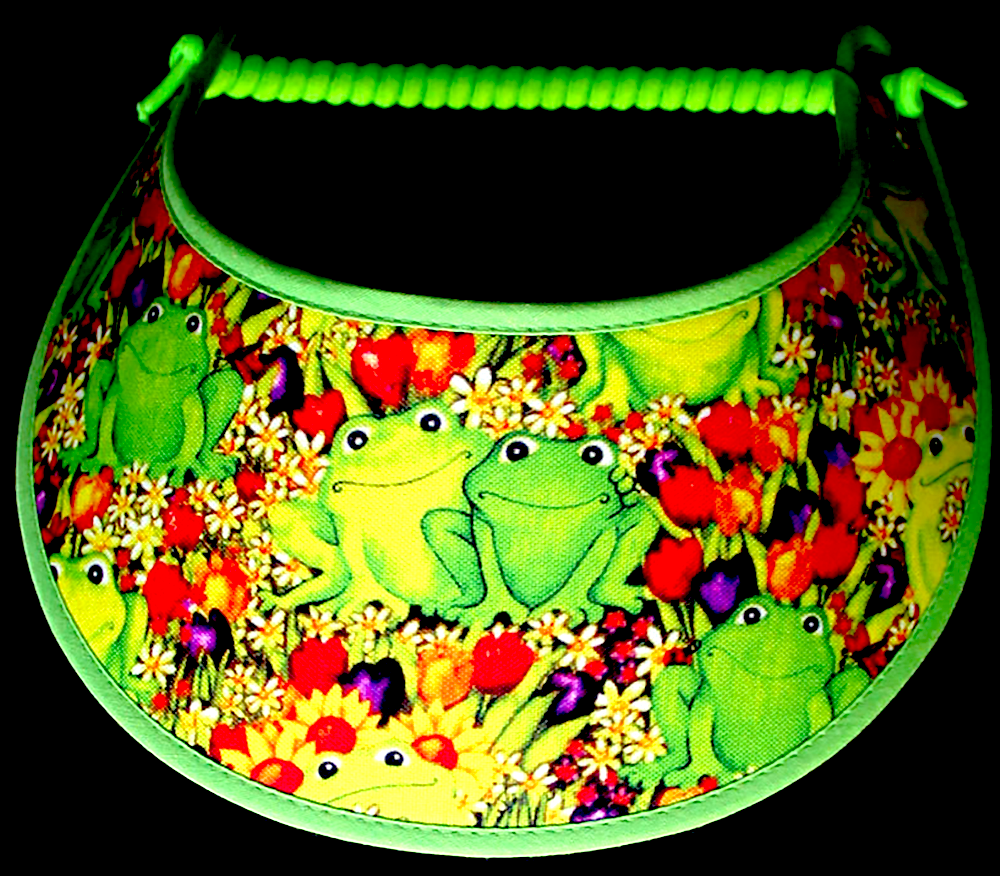 Ladies foam sun visor with green frogs sitting in the tulips