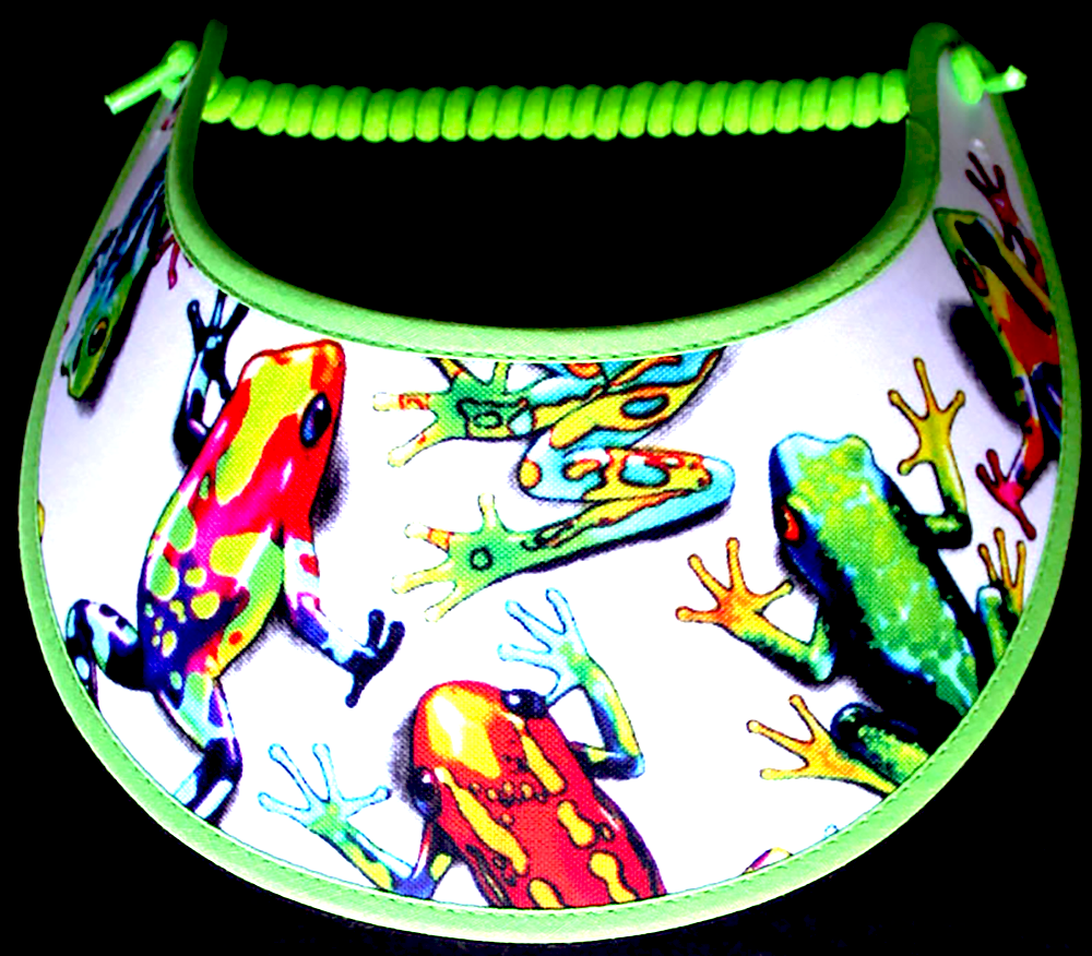 Foam sun visor with multicolored frogs on a white background
