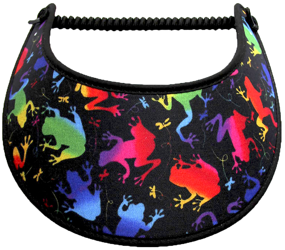 Foam sun visor with colorful gradient frogs on black background: