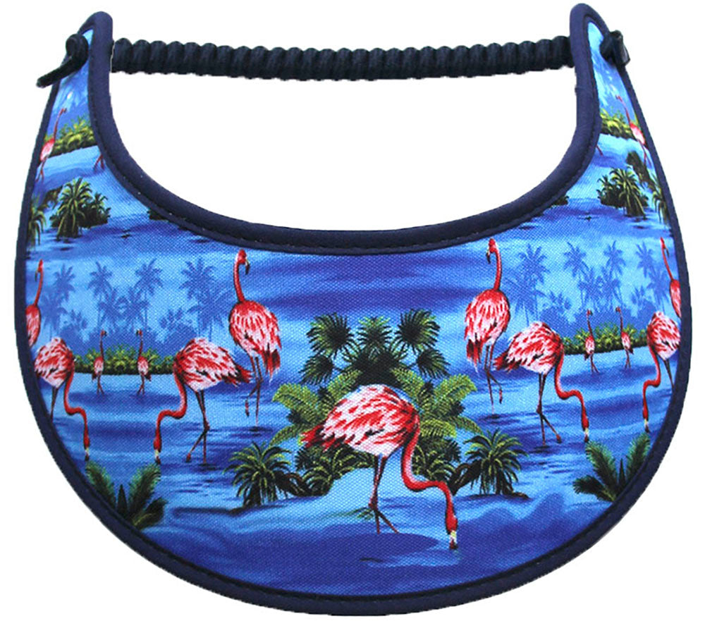 Foam sun visor with flamingos in blue water.