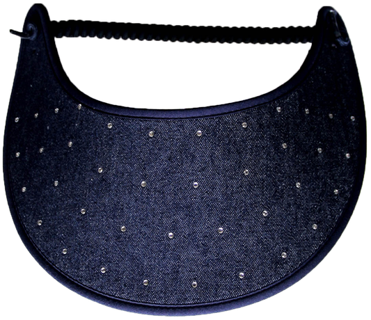 Foam sun visor with rhinestones on dark denim
