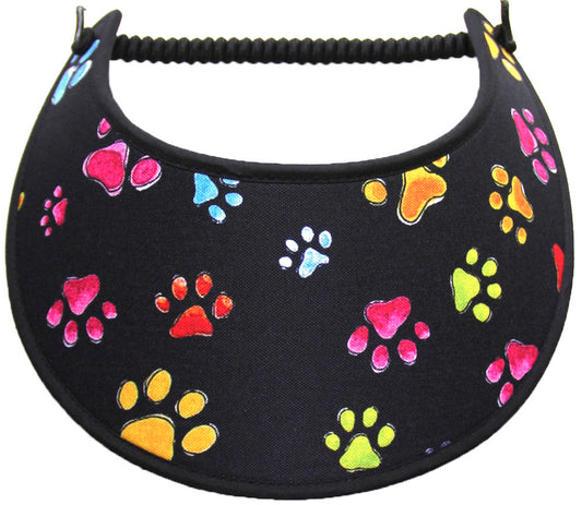Foam sun visor with colorful paw prints on black