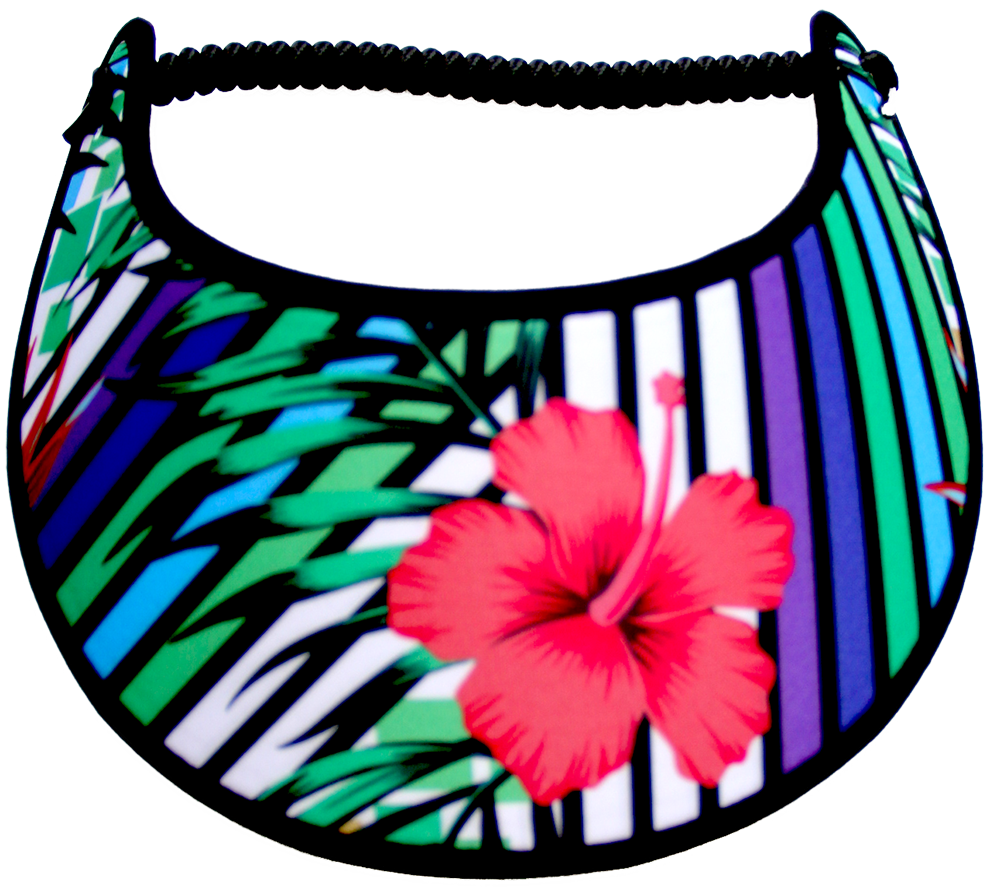 HIBISCUS ON COLORFUL STRIPS AND LEAVES...EDGES TRIMMED WITH BLACK FABRIC