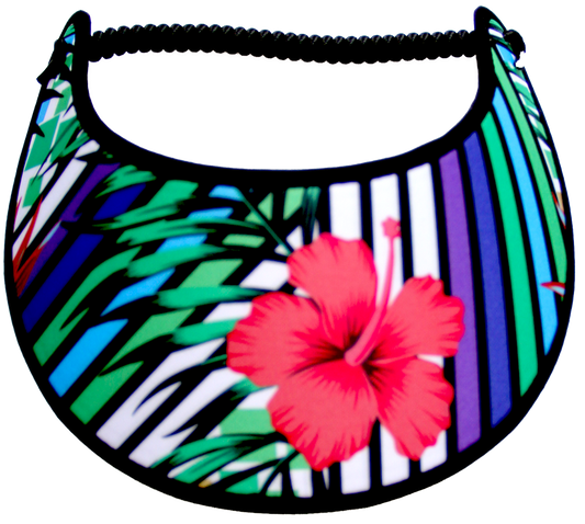 HIBISCUS ON COLORFUL STRIPS AND LEAVES...EDGES TRIMMED WITH BLACK  FABRIC