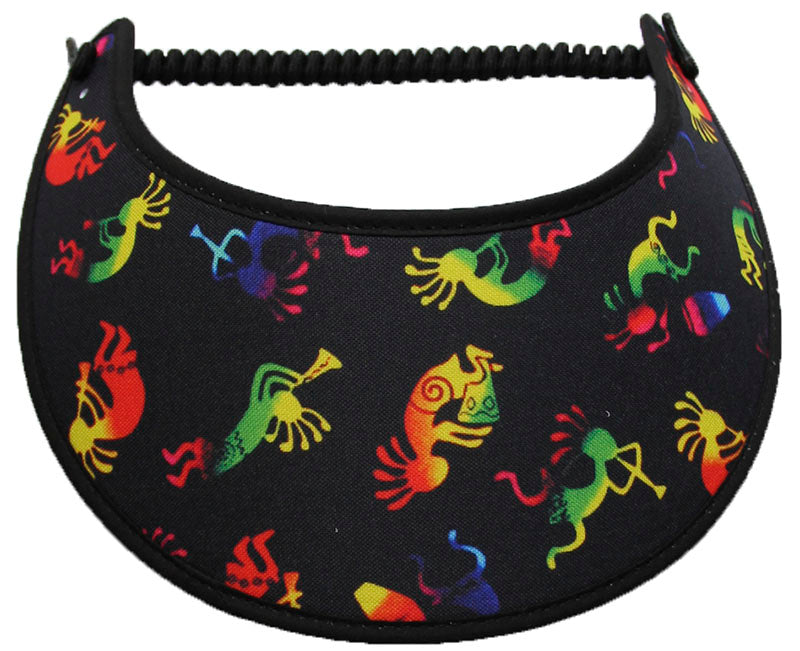 Ladies foam sun visor with Kokopelli on black background.