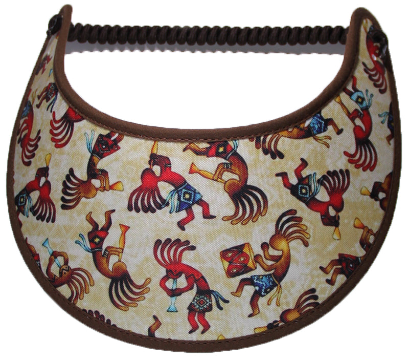Ladies foam sun visor with dancing Kokopelli on a tan background.