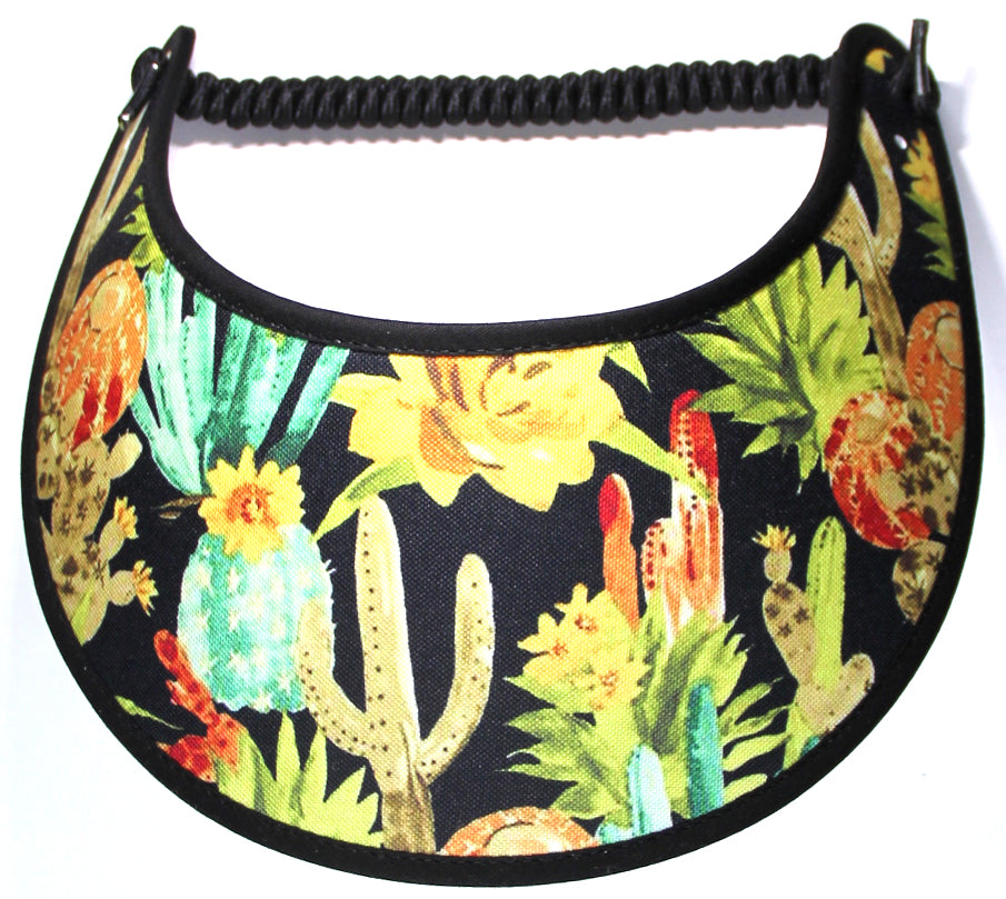 Ladies sun visor with colorful cactus on black background.