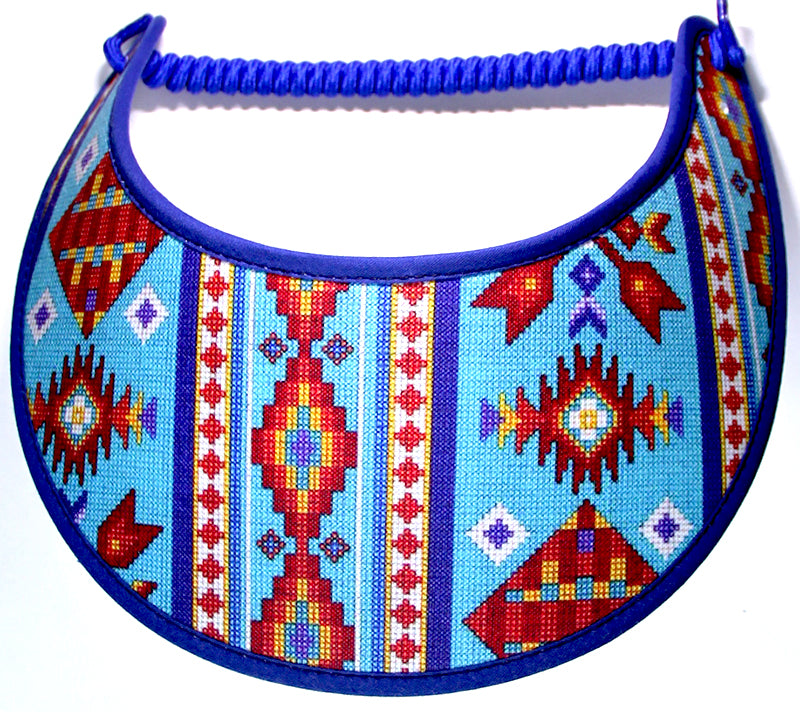 Ladies sun visor with faux beaded Aztec design.