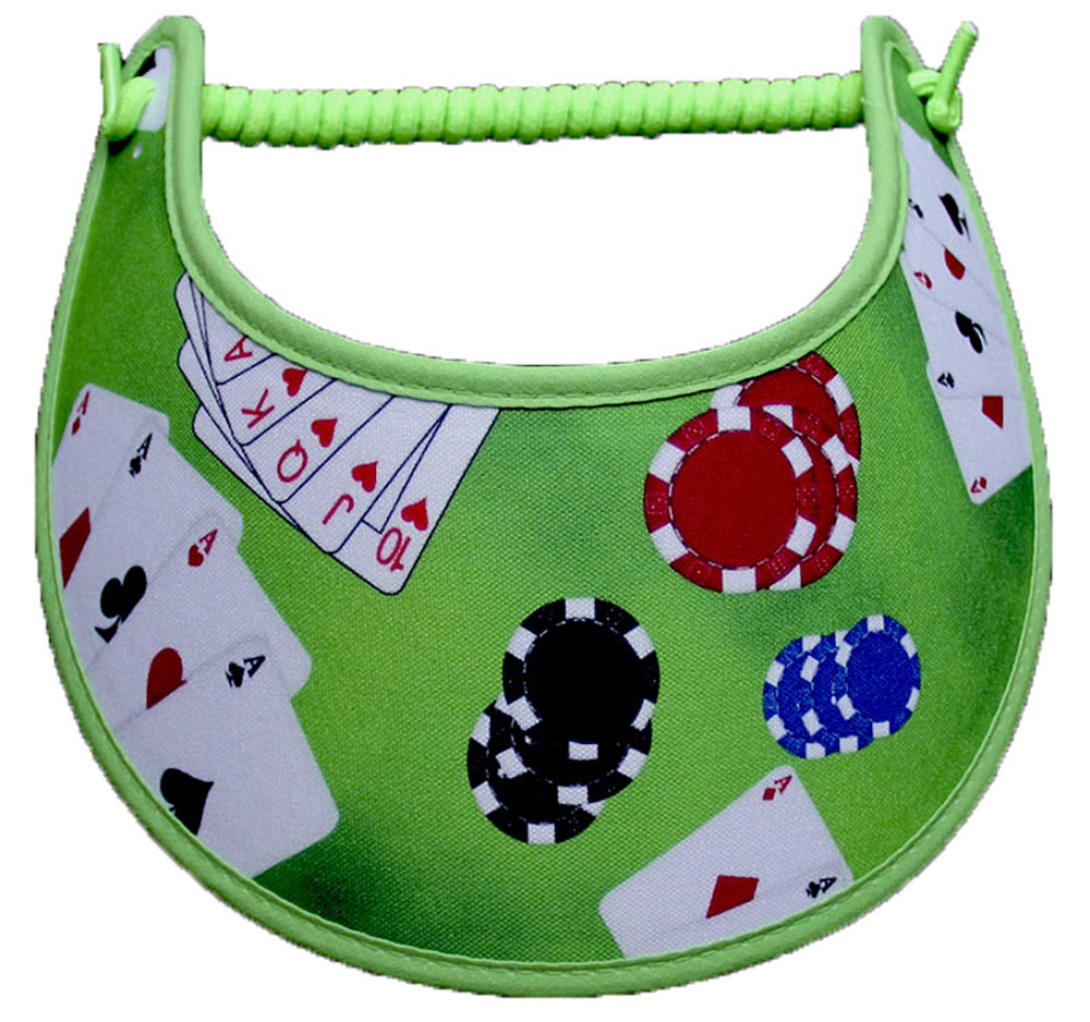 Foam sun visor with cards dice and chips on green
