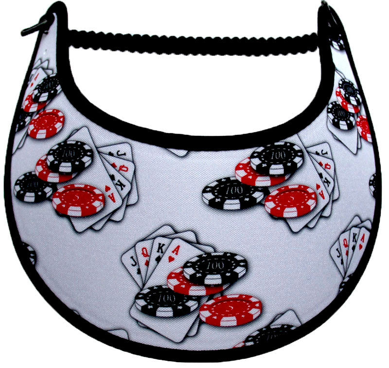 Foam sun visor with casino chips & cards on white