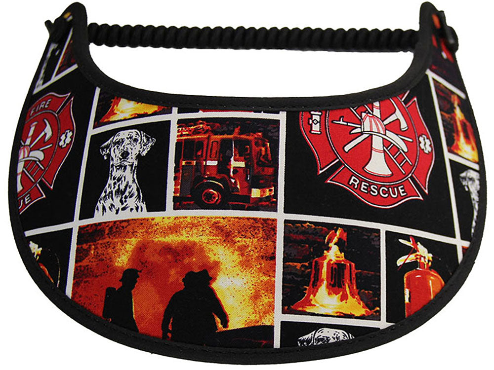 Foam sun visor with a collage of firemen's emblems