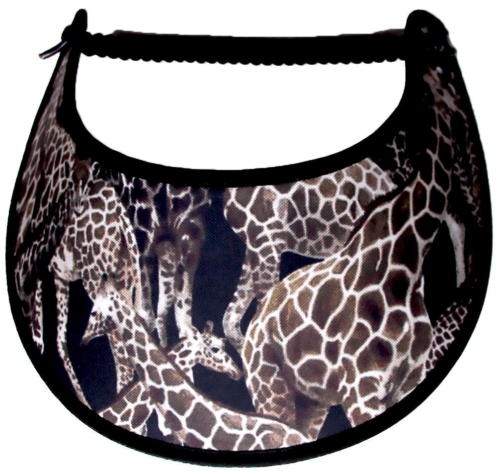 Foam sun visor with giraffes on a black background.