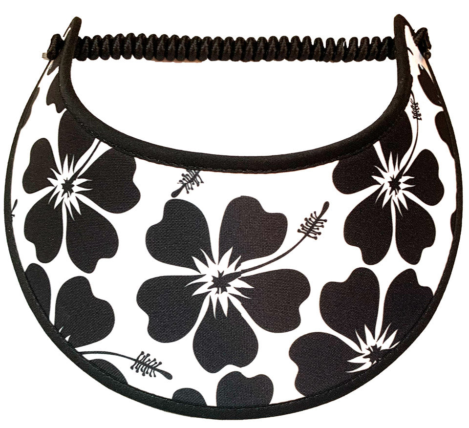 Looking for a stylish and practical sun visor? Check out this black and white foam visor with a beautiful hibiscus design. It's perfect for keeping the sun out of your eyes while still looking fashionable. So why wait? Grab one today and elevate your summer style!