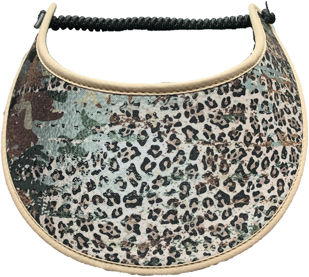 Leopard and camouflage design on sun visor with tan trim
