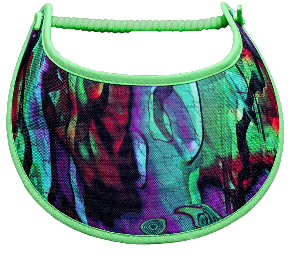Sun Visor with design in shades of purple and lime green trimmed with lime green