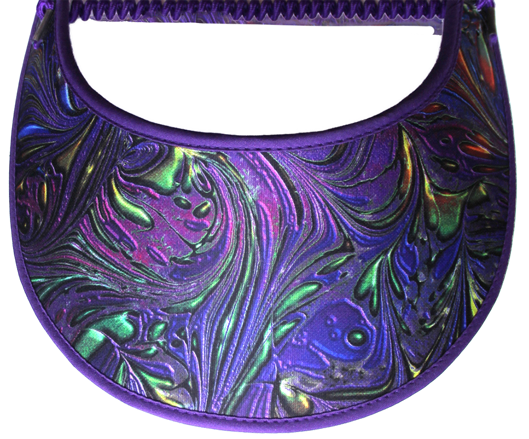Swirly Design Sun Visor in Purple, Blue, Yellow, and Green, Purple Trim