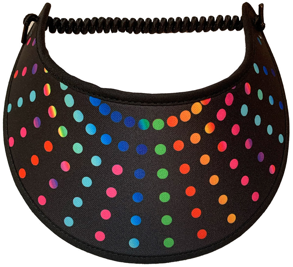 FOAM SUN VISOR WITH MULTICOLORED DOTS Edges are trimmed with fabric to comfort the forehead and to help absorb sweat.