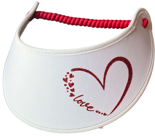 Valentine009 White Sun Visor with Love Heart , Red Glitz