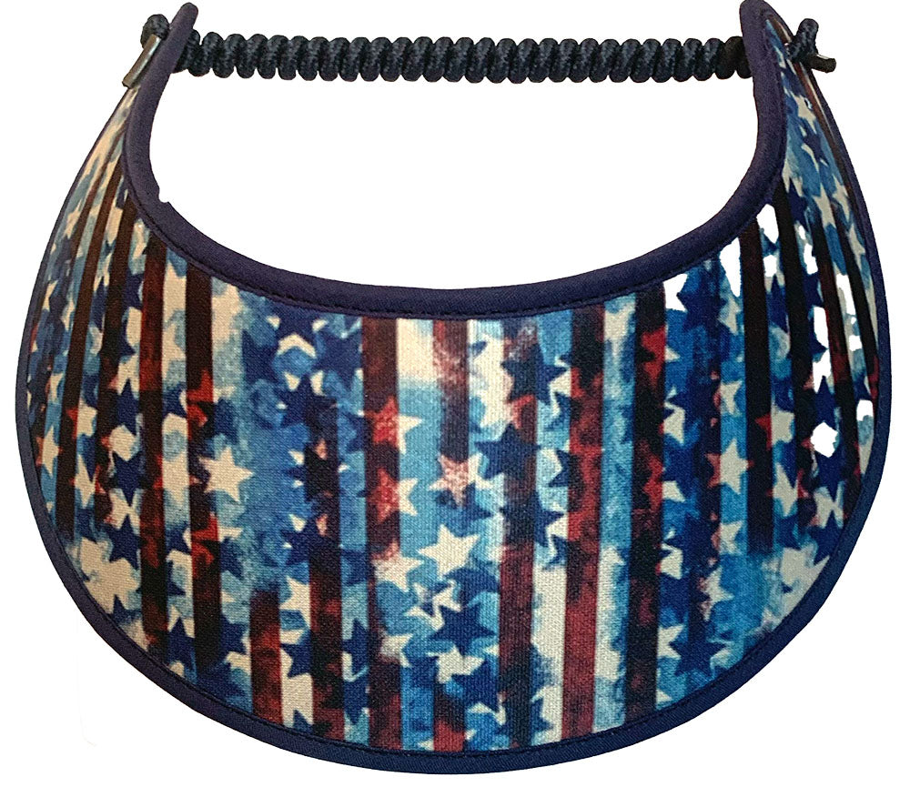 Patriotic sun visor with stars and stripes on a faded denim look with edges trimmed in navy