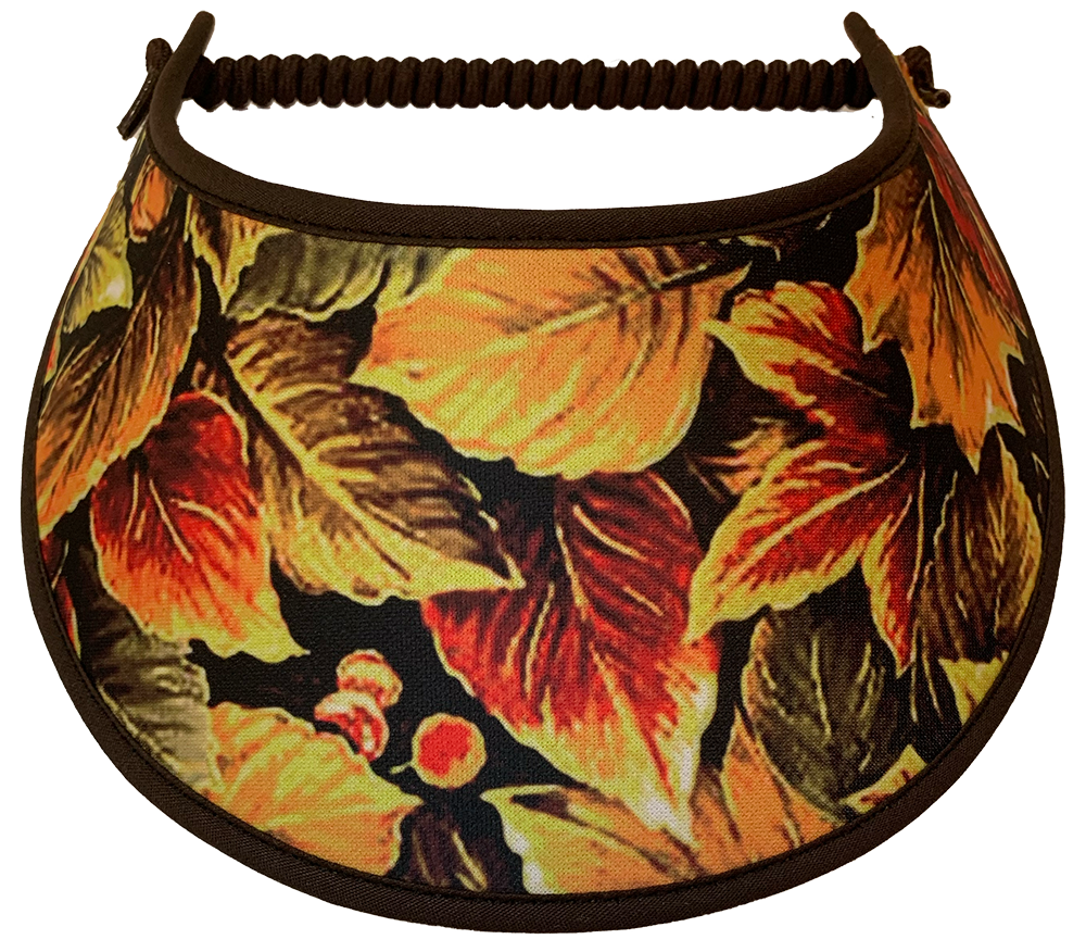 Fall leaves and berries in yellow and red on black sun visor