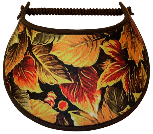 Fall leaves and berries in yellow and red on black sun visor