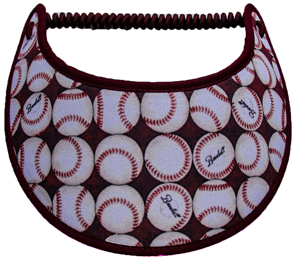 Ladies foam visor with rows of baseballs on burgundy