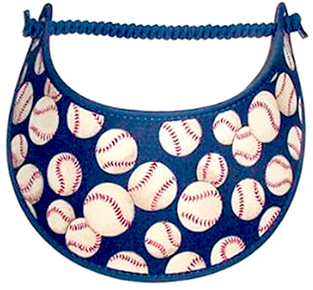 Ladies foam sun visor with baseballs on blue.
