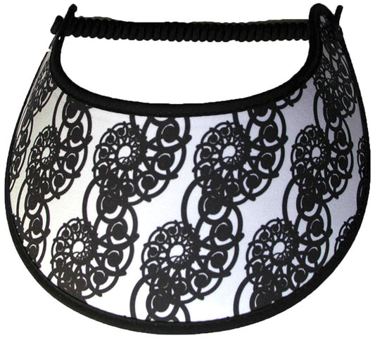 Foam sun visor with lacy spirals on white