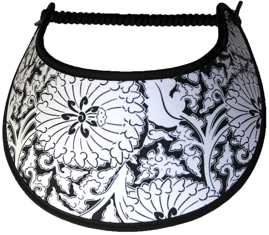 Foam sun visor with assorted white flowers & leaves on black