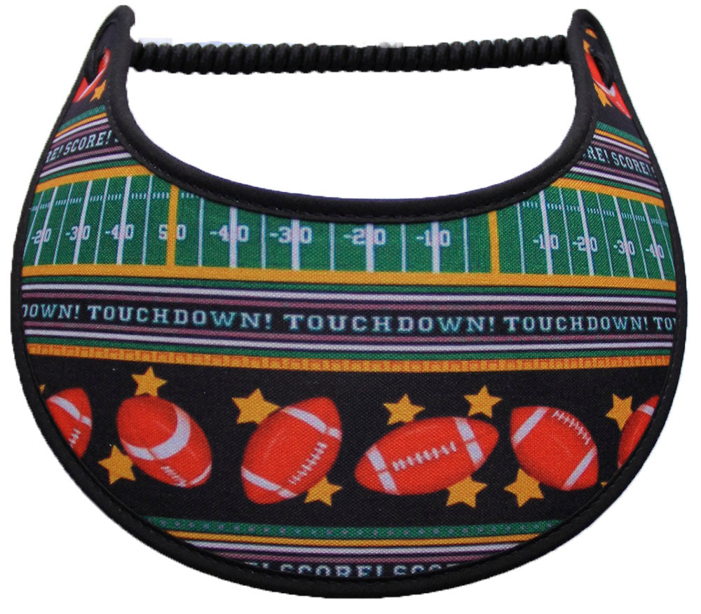 Sun Visor with Footballs placed on a Field and Trimmed with Black Fabric