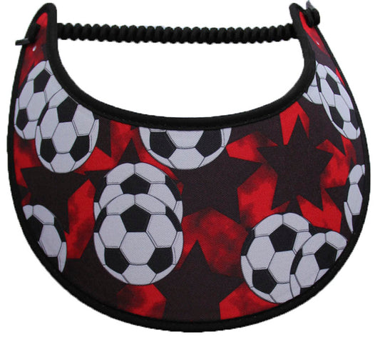 Foam sun visor with large soccer balls on red.